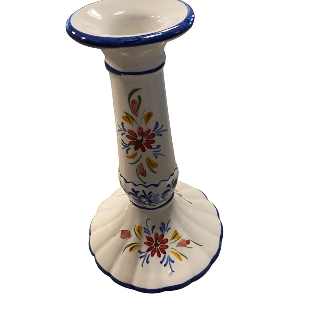 Vintage Ceramic Hand painted floral blue & white Candle Holder Portugal Signed